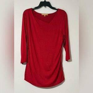 Ellen Tracy Red 💃 Faux Wrap Ruched Top 3/4 Sleeve Blouse - Size L